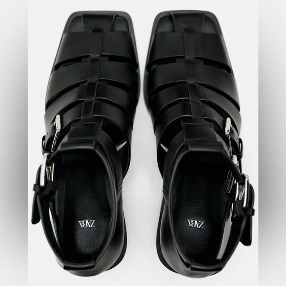 ZARA HEELED BUCKLED GENUINE LEATHER CAGE SANDALS - Picture 10 of 14